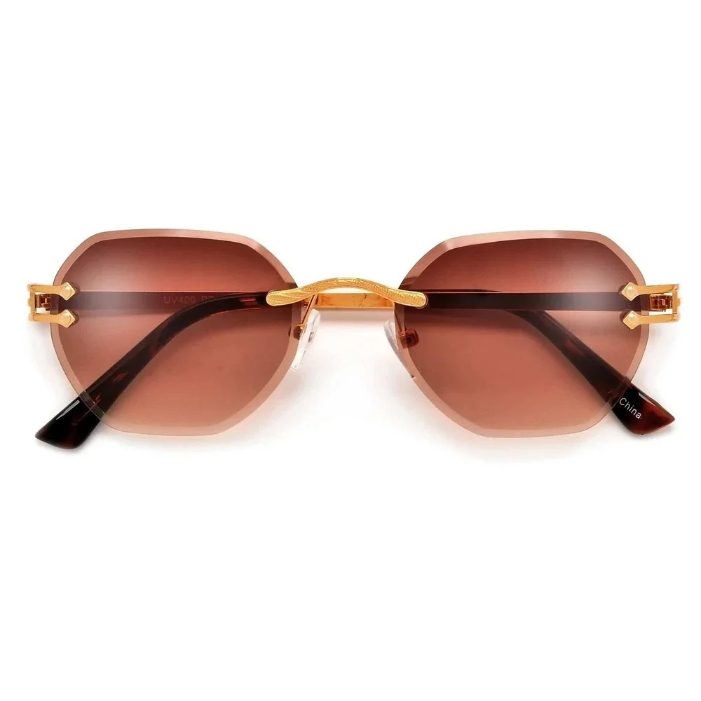 Sunglasses Brown Lens Rimless Gold Diamond Cut Elegant Fashion Designer Women